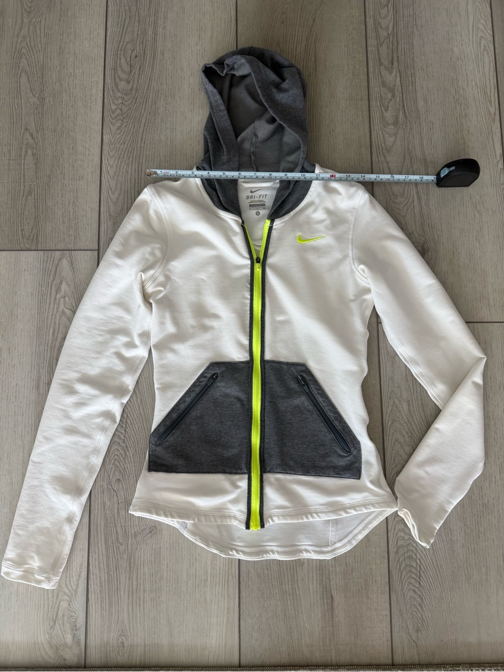 Nike Women’s White Hooded Dri-FIT Jacket with Gray Panels and Neon Yellow Trim